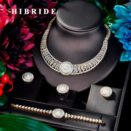 HIBRIDE Big Luxury Round Design Brilliant Women Jewelry Set Wedding Dress Necklace Earring Jewelry Set For Party Gits N-869