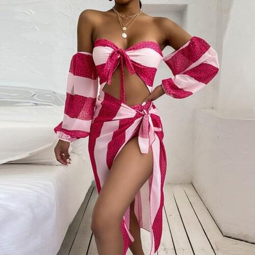 Sexy Bandeau Push Up Three Piece Bikini Sets Polka Dot Print Women Swimwear Summer Cover Up Swimsuit Bathing Suit Brazilian