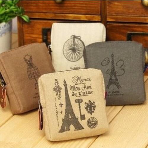 Girls coin purse keychain bag retro Paris mini coin purse money bag children zipper bag nostalgic memory canvas coin purse
