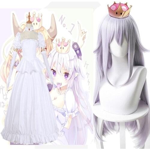 Game King Boo Cosplay Costume Princess Koopa White Dress with Gloves Lolita Halloween Carnival Dress Long Silver Straight Wig