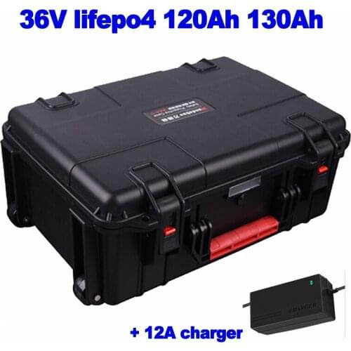 LiFePo4 36v 120ah 130ah lithium iron phosphate battery pack for photovoltaic inverter robot forklife RV EV caravan + 12A Charger