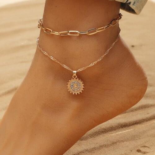 Trendy Metal Anklets Womens Lovers' Circular Double Alloy Letters A Beach Golden White Gold Pendant Anklets Jewelry for Summer