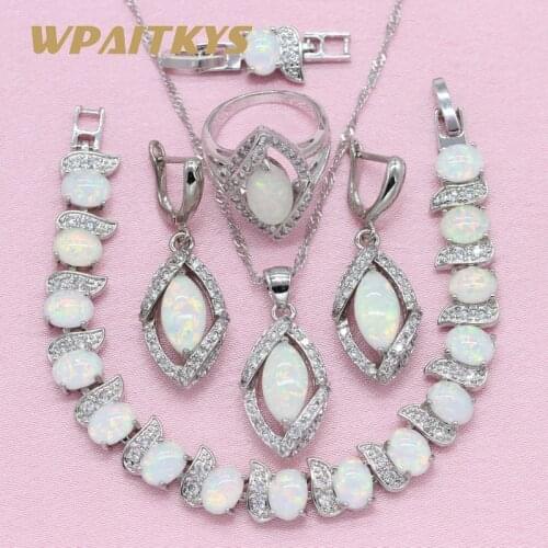 WPAITKYS Trendy White Opal Silver Color Jewelry Sets Womens Wedding Necklace Earrings Ring Bracelet Free Box