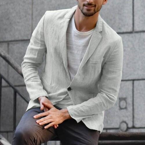 2021 Men Spring Autumn Solid Color Long Sleeve Pockets Cotton Linen Slim Blazer Coat Jacket мужские пиджаки