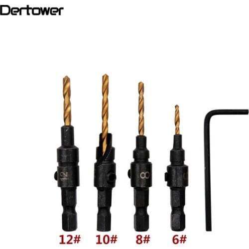 4PCS 6# 8# 10# 12# 1/4 Hex Remover Handymen Broken Bolt Stud Removal Tool Kit Cone Reaming Drill Bit Set Wood Woodworking Tool