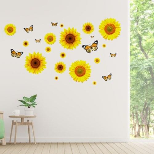 PVC Wall Stickers 3D Sunflowers Butterfly Waterproof Removable Decal For Door Store Window Home Decor Flower Flat Wall Sticker