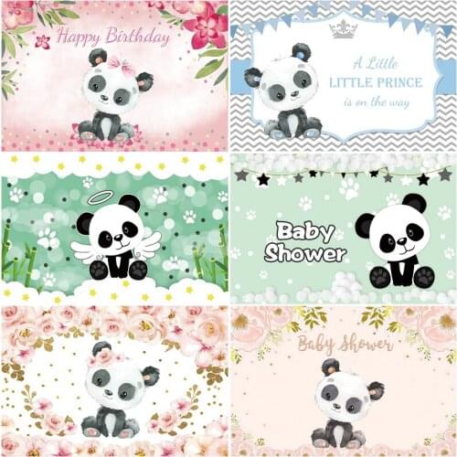 Happy Birthday Backdrop Cartoon Panda Flower Pink Photography Background Girl Baby Shower Party Decor Photo Booth Studio Props