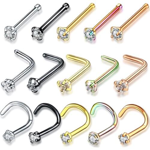 1PC Steel Crystal Gem Nose Bone Screw L Shape Nose Stud Piercings Rose Gold Nazir Piercing Nostril Earring Piercings Jewelry 20G
