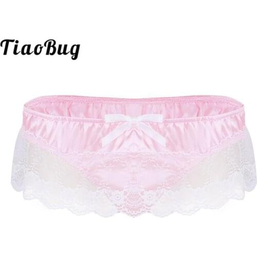 TiaoBug Men Shiny Satin Sissy Lingerie Panties Ruffle Floral Lace High Cut Low Rise G-string Thong Briefs Hot Sexy Gay Underwear