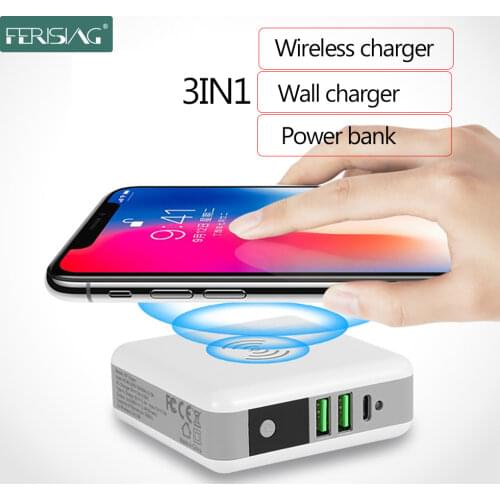 FERISING 6700mAh/5200mAh Wireless Mini LED Display Power Bank 3in1 Portable Polymer Battery QI Type-C USB C Charger Powerbank