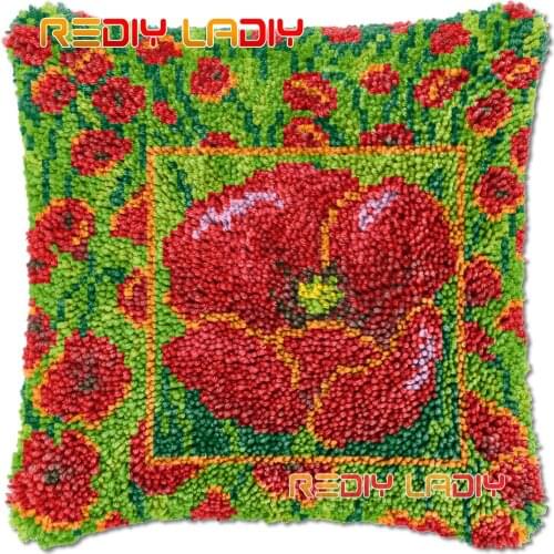 Latch Hook Cushion Poppies Field DIY Needlepoint Kits Chunky Acrylic Yarn Arts Crocheting Lofty Pillow Case Hobby & Crafts