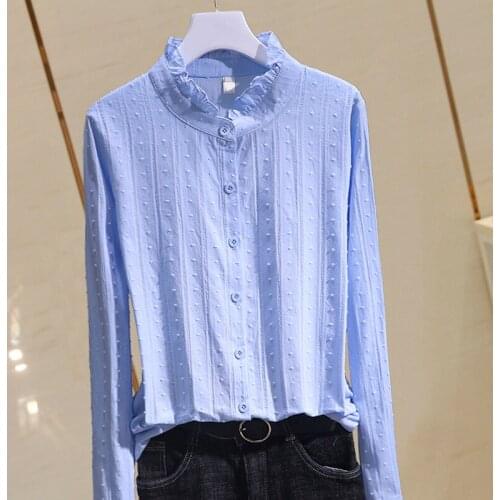 Long Sleeved Cotton Lacw Women Blouse 2020 Summer New Turtleneck Ruffles Long-sleeved Loose Lady Shirts Outwear Tops