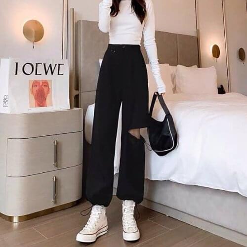 High-Waist Drape Trousers WomenS Summer Thin Wide-Legged Drawstring Holes Slits Tied Feet Casual Straight Trousers Tide