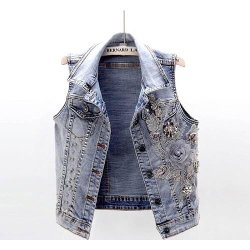 2020 NEW women sleeveless denim vests jackets 3D flowers embroidery rhinestone beading fashion jean waistcoat JC209