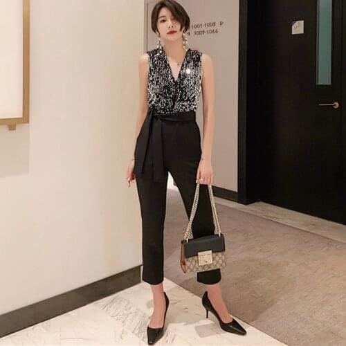 Summer Deep V Neck Sleeveless Sashes Classy Pencil Rompers Workwear Jumpsuits Lady Elegant Black Wrap Patchwork Sequin Jumpsuit