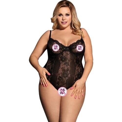 Woman Sexy Plus Size Steel Ring Gathered Lace Perspective Bodysuit Underwear Female Solid Sling Pajamas Lady Oversize UnderweaR