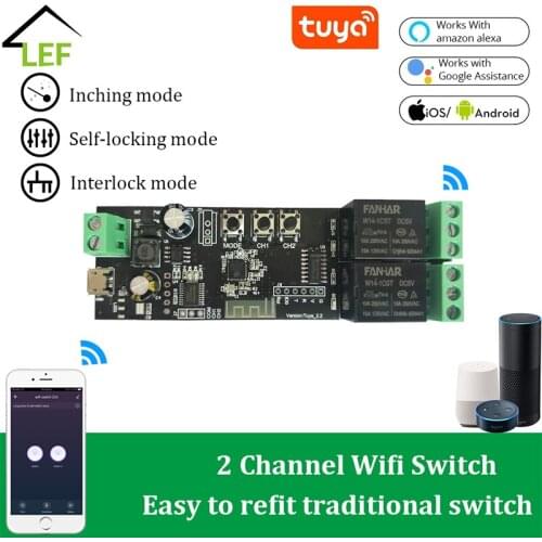 2CH Tuya Switch Wireless WiFi Switch Module Smart life APP Remote Control DIY Smart Home 2Gang Relay work with Alexa Google Home