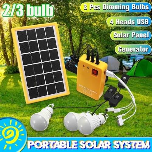 4-IN-1 USB Charging Cable 2/3x LED Light Bulb Solar Panel Lighting Kit Generator Home DC System Kit for Outdoor Camping