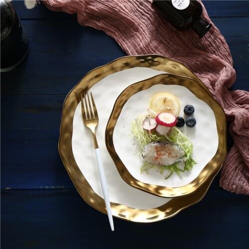 8/10 Inch Gold Inlay Edge Dinnerware Ceramic Food Dessert Plate Dish Tableware White And Black Porcelain Tray Luxury Dinner Set
