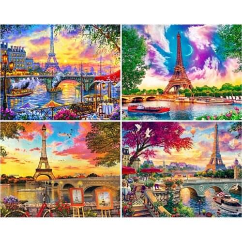 Diy 5d Full Diamond Painting Embroidery Scenery Square Round Drill Sunset Eiffel Tower Mosaic Furniture Decoration Hobby Gift