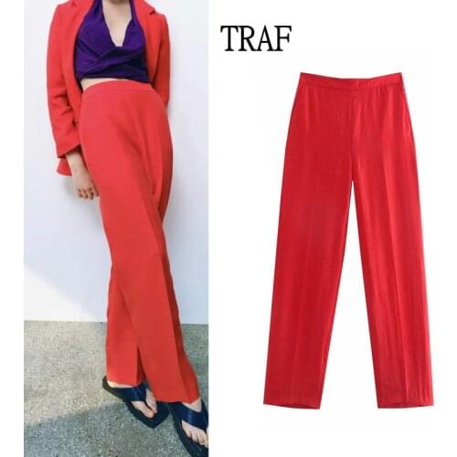 TRAF Za 2021 Red Woman Pants Autumn Elastic High Waist Pants Women Clothing Office Trousers Suits Loose Pocket Straight Pants