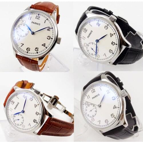 4 Models PARNIS 44mm Mechanical Hand Winding Mens Watch White Dial 6497 Movement Leather Strap