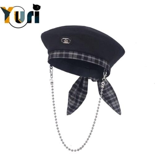 Yuri French navy tie Beret Cute Gril Hat Painter Cap Detachable chain Accessories collection cosplay lovely creative Gift NEW C