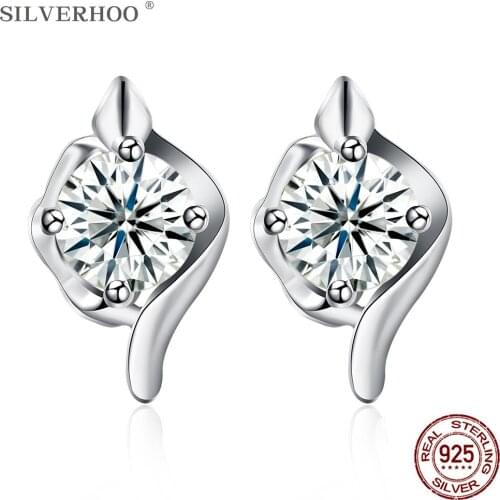 SILVERHOO Geometry Rhombic Earrings Women Real S925 Sterling Silver Trendy 5A Cubic Zirconia Popular Stud Earring Fine Jewelry