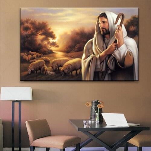 Jesus Herding The SheepOil Painting on Canvas Posters and Prints Scandinavian Wall Art Picture Home Decor