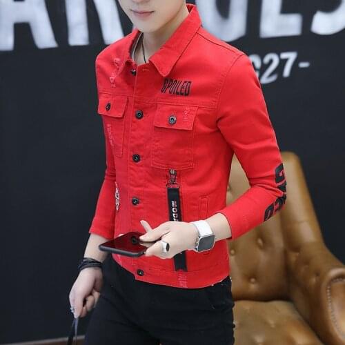 Alphabet Printing 2019 Autumn Jacket Men Denim Cotton Casual Coats Patchwork Pockets Light Blue Street Wear Jackets