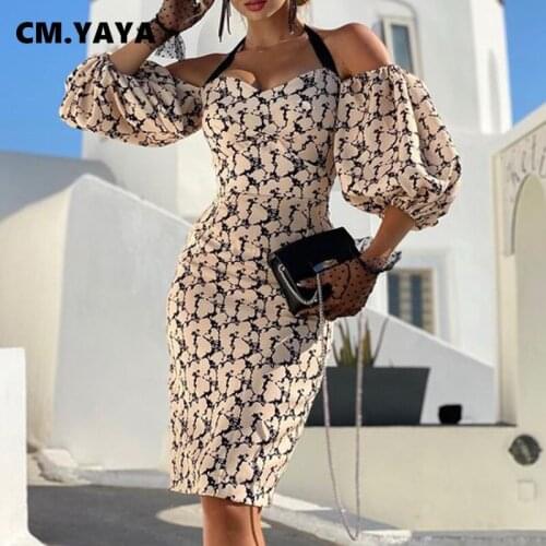 CM.YAYA Women Mini Dress Print Puff Sleeve Halter Bodycon Pencil Dresses Female Fashion Party Vestidos Summer Outfits 2021