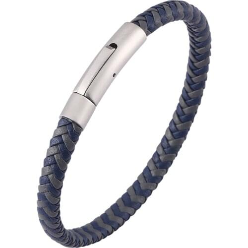 Fashion Stainless Steel Snaps Blue Gray Leather Mix Braided Bracelets Unisex Weave Bangles Male Simple Jewelry Gifts PD0456