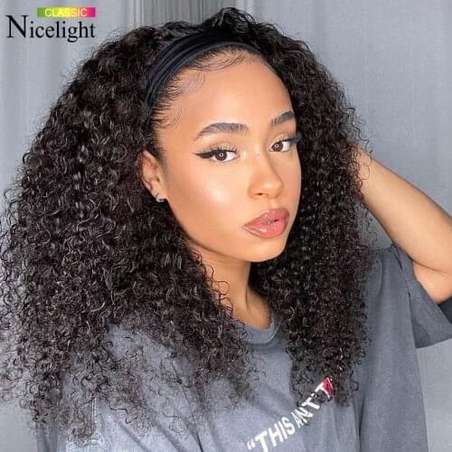 Nicelight Hair Mongolian Curly Headband Wig Glueless Human Hair Wigs Headband Scarf Wig For Black Women Remy Machine Made Wig