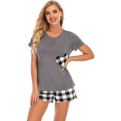 Cotton Pajamas for Women Heart Plaid Pajama Set Short Sleeve Modal Pajama & Shorts Set Soft Sleepwear Summer Home Wear
