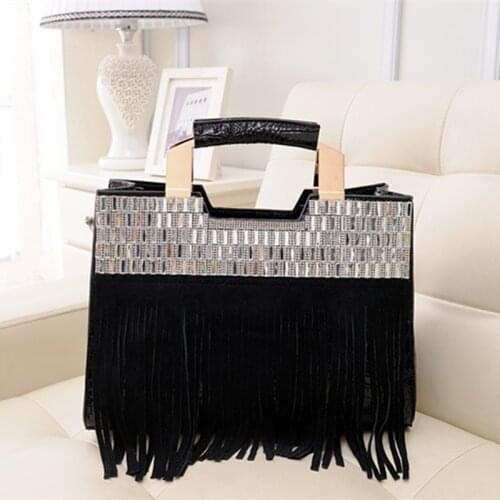 Luxury Fashion Cowhide Leather Women Handbags Tassel Rhinestone Tote Bag Female Shoulder Messenger Portable Bags Tide Black Red