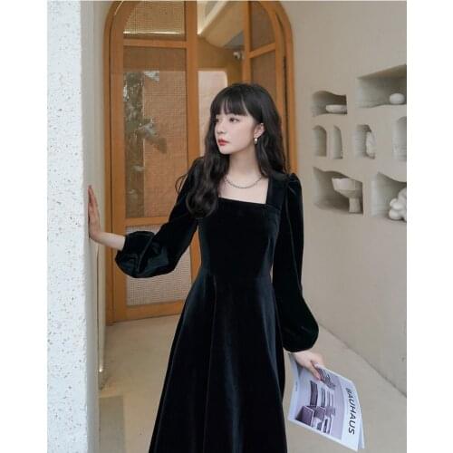 S-Xl Plus Size New Spring Dress Girls Solid Female Vintage Dress Party Velvet Evening Long Sleeve Women Dresses Robe Vestido
