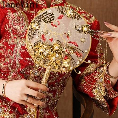 JaneVini China Anient Style Bride Wedding Fan Bouquet Gold Floral Pearl Diy Material Bag Bridal Fan Shelf Embroidery Tassel New