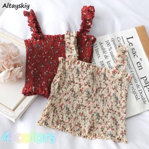 Camisoles Women Soft Chiffon Chic Lovely Printed Basic Woman Crop Top Kawaii Ruched Sexy Lady Party Bodycon Bandage Stretch Tops