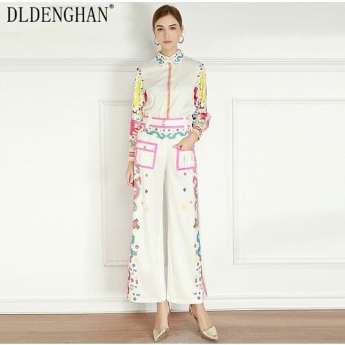 DLINGHAN Vintage Floral Print Spring Set Womens Long Sleeve Blouses Tops + Pockets Bell-Bottoms Chinese Style Two Piece Set