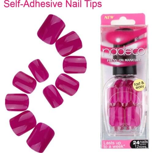 12Sets Full Cover Pure Color Pulm Red Self-Adhesive Fake Nail Polish Tips Violet Glued Nail Purple Rose French Manicure RCP-30