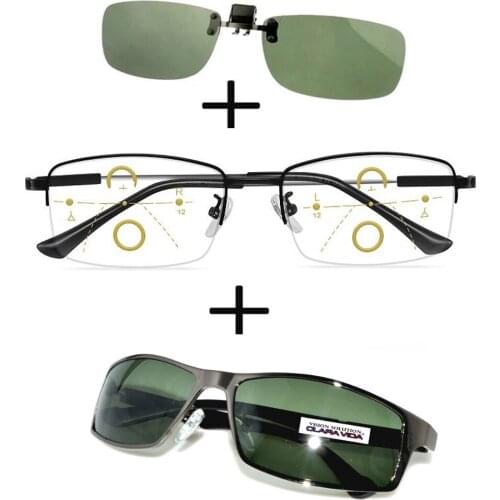 3Pcs!!! Titanium Progressive Multifocal Reading Glasses Men Women +Polarized Sunglasses High Quality Sports + Sunglasses Clip