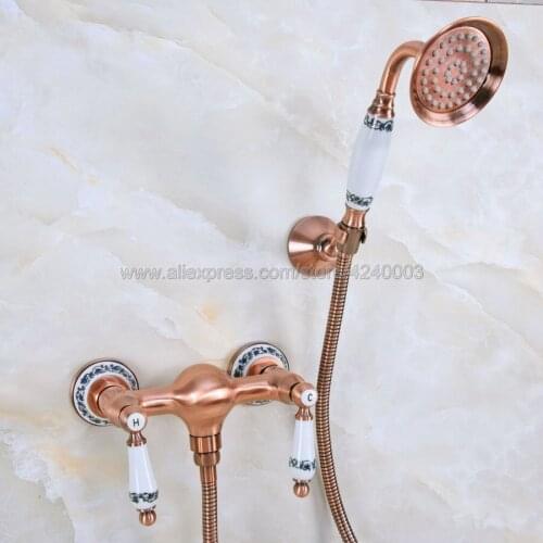 Antique Red Copper Wall Mounted Bathroom Shower Faucet Set Mixer w/ Hand Sprayer Dual Handle Hot and Cold Water Mixer Kna302