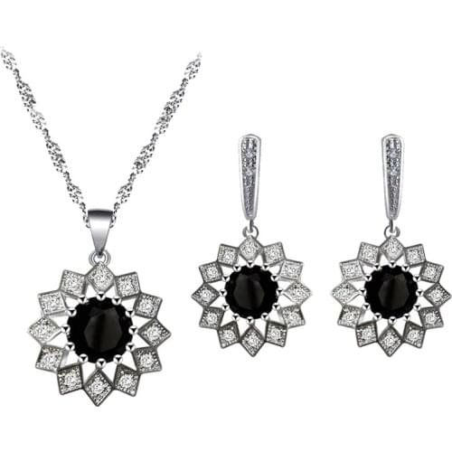 Black Vintage 925 Silver Zircon Earrings Necklace Pendant Jewelry Set Send Moms Birthday Gift JS835