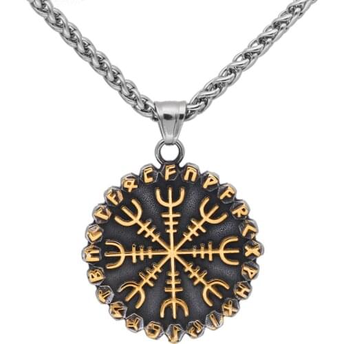 Men viking compass Necklace stainless steel Rune Nordic jewelry with valknut gift bag