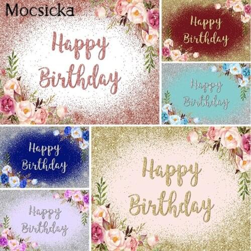 Mocsicka Rose Gold Birthday Backdrop Blush Pink Floral Glitter Happy Birthday Girl Women Adult Bday Party Photography Background