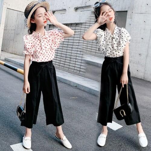 Summer 2021 teens Kids Girls Clothes Sets Dot Print Ruffle Shirt+Wide Leg Pants Suits Children Short Sleeve Baby Girls Outfits