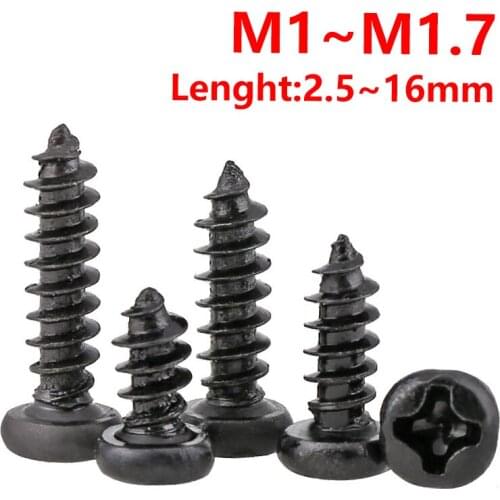 M1 M1.2 M1.4 M1.5M1.7 Black Carbon Steel Phillips Screw Cross Recessed Pan Head Self Tapping Screw Metric Thread Round Head Bolt