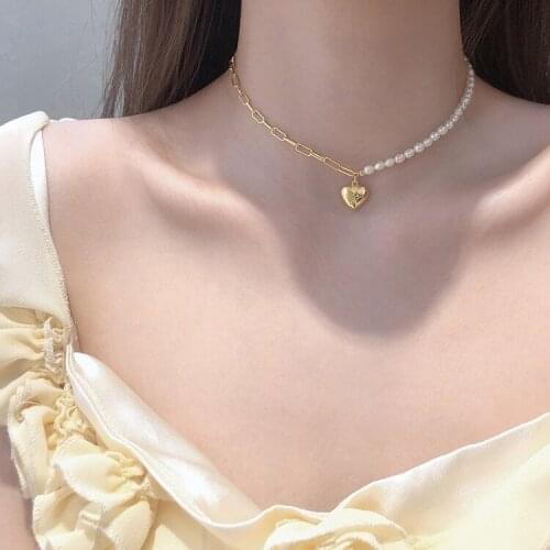 Fashion Pearl Necklace 925 Heart Pendants Necklaces For Women Gold Metal Choker Necklace Jewelry Gifts for the New Year Collar