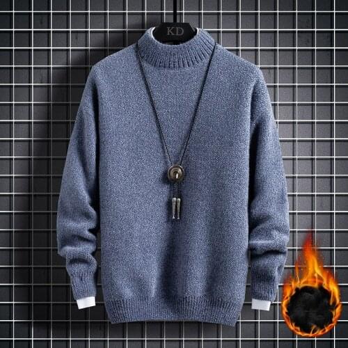 Mens autumn winter solid color pullover plus velvet warm knit sweater solid color stretch slim fashion bottoming shirt Sweaters