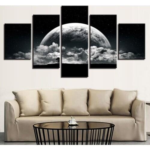 Wall Art Canvas Painting HD Prints 5 Pieces Full Moon Night Painting Cloud Mist Mountain Landscape Poster Home Living Room Decor